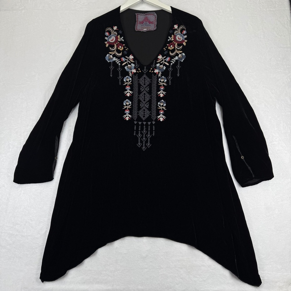 Johnny Was JW Los Angeles Elise Silk Blend Velvet Embroidered Tunic Blouse XL